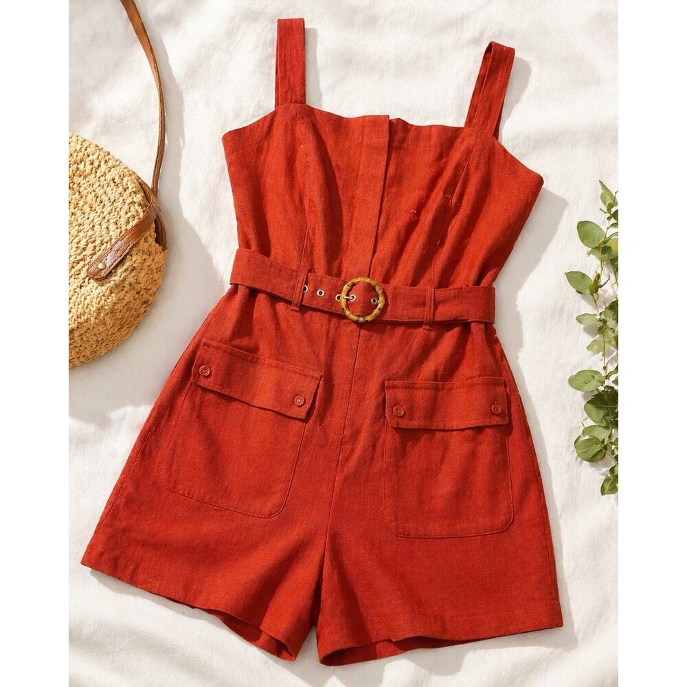 NWT Boho Coastal Linen Blend Belted Romper Rust Utility Safari Pockets Women 10 - Picture 2 of 13